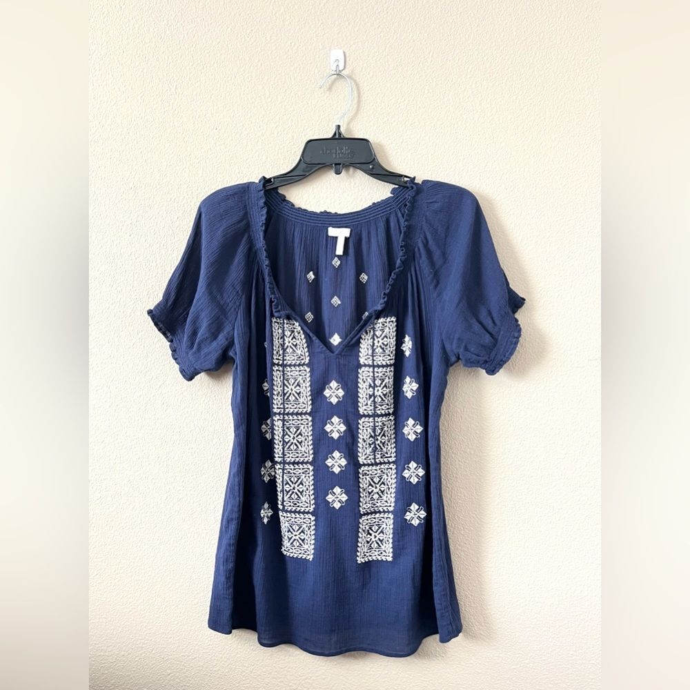Joie Navy Blue Short Sleeve Embroidered Peasant Top